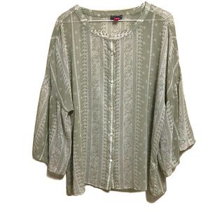 Vince Camuto, Light Weight, Button Down, Bell Sleeves Top, Olive Green/White, LG
